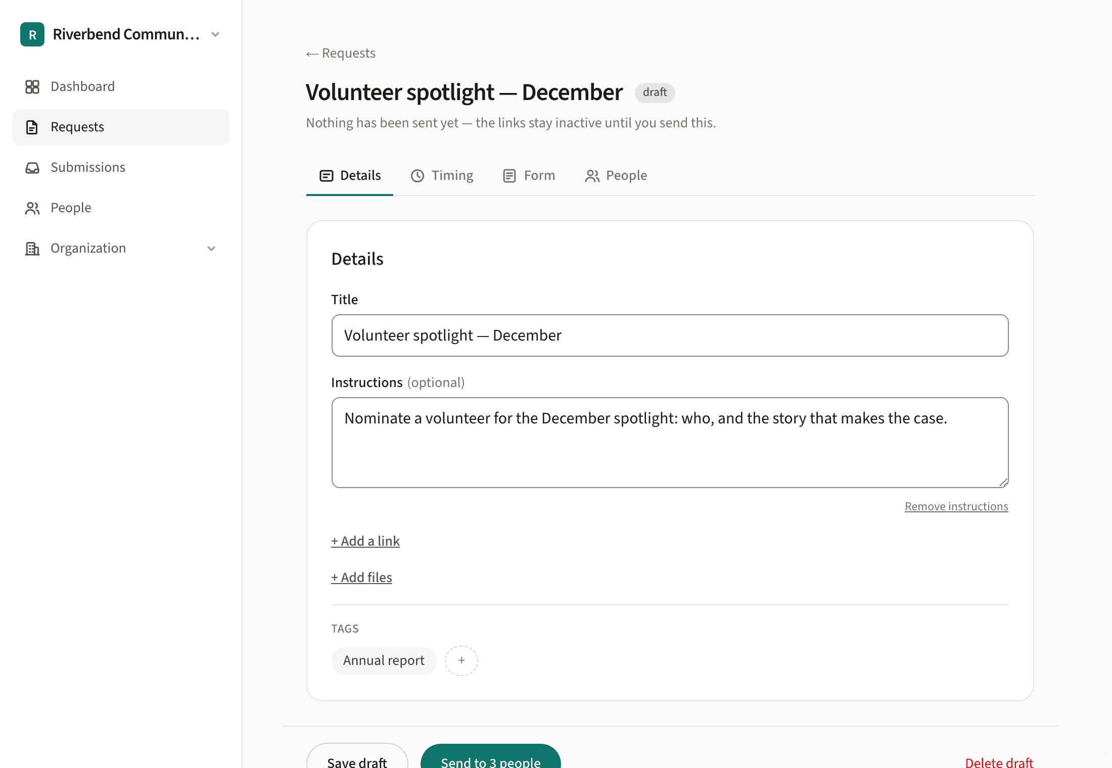 The request builder: a draft request with its title, instructions and the questions being assembled.