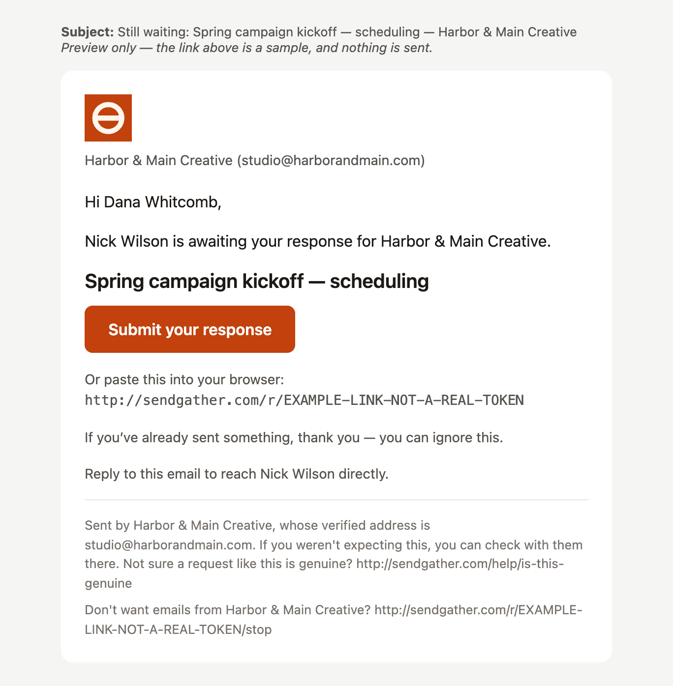 A request email as a recipient receives it: the organization's own logo and orange brand colour on the Submit your response button, its verified address in the footer, and a line offering to help the reader check the request is genuine.